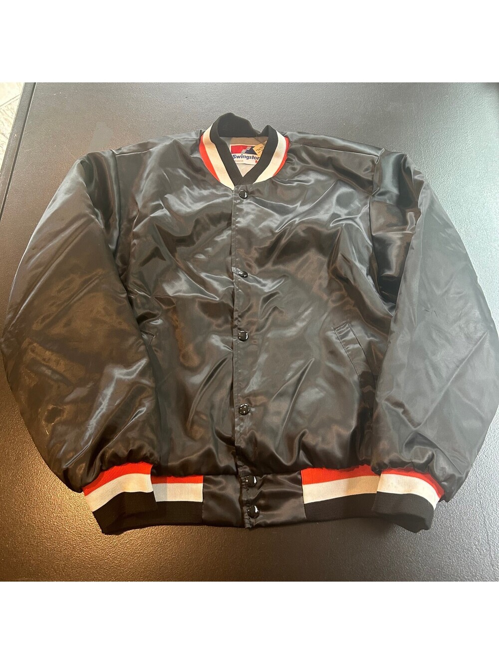Swingster Vintage Black Satin Varsity Jacket Medium Made in USA